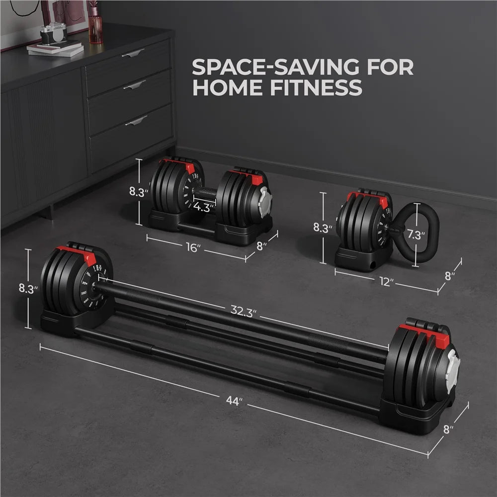 Adjustable Anti - Slip 3 - In - 1 Nylon Dumbbell Weight Set, 7 - 52.5Lbs, (Black & Red) - WalkerTFitness