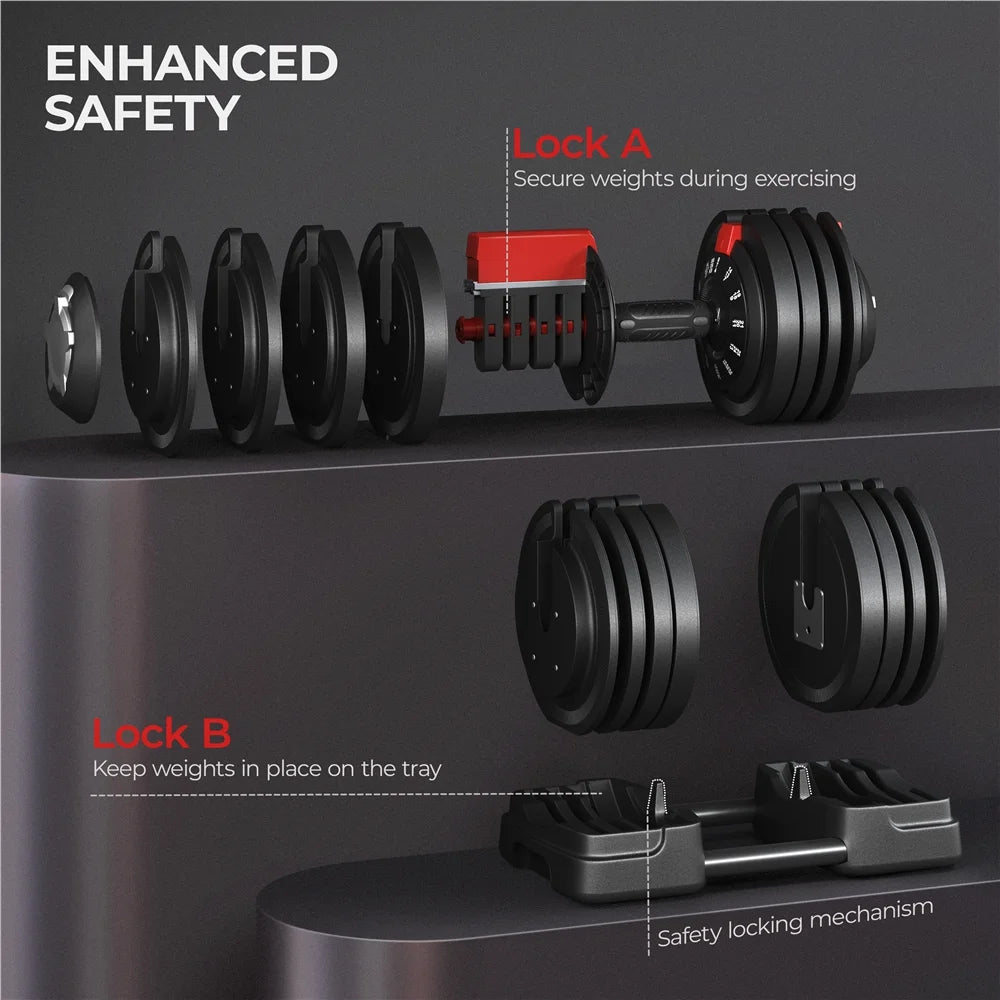Adjustable Anti - Slip 3 - In - 1 Nylon Dumbbell Weight Set, 7 - 52.5Lbs, (Black & Red) - WalkerTFitness