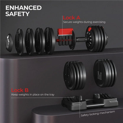 Adjustable Anti - Slip 3 - In - 1 Nylon Dumbbell Weight Set, 7 - 52.5Lbs, (Black & Red) - WalkerTFitness