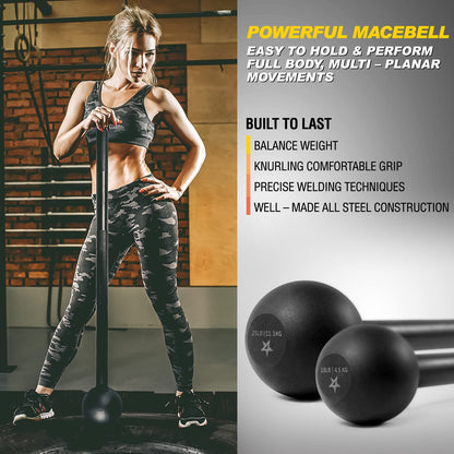 Steel Mace Bell for Strength Training, Support Full Body, Muscles, Shoulder, Grips & Forearms Workouts, Stretching 5, 7, 10, 15, 20, 25, 30 LB for Woman & Man - WalkerTFitness