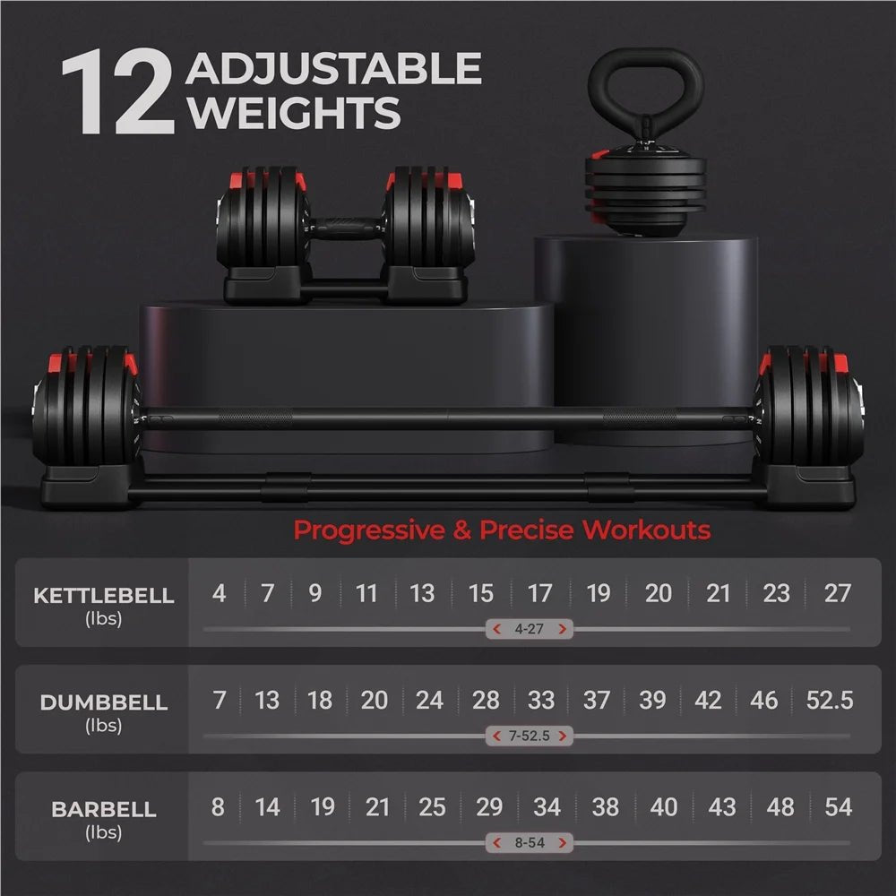 Adjustable Anti - Slip 3 - In - 1 Nylon Dumbbell Weight Set, 7 - 52.5Lbs, (Black & Red) - WalkerTFitness