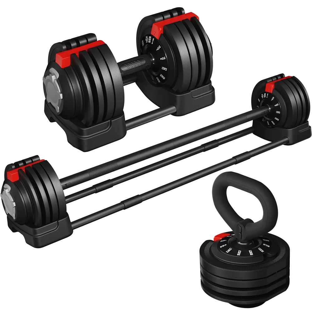Adjustable Anti - Slip 3 - In - 1 Nylon Dumbbell Weight Set, 7 - 52.5Lbs, (Black & Red) - WalkerTFitness