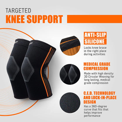 ® - Compression Knee Sleeves, Medical - Grade Knee Compression Sleeve Women and Men for Crossfit to Reduce Knee Pain In, Weightlifting, and Gym Knee Support, Orange, Small, Pack of 2 - WalkerTFitness